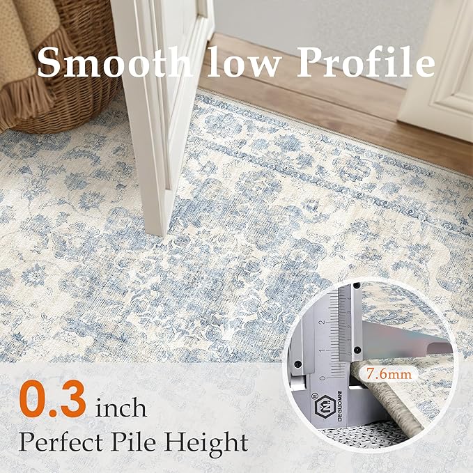 2x3 Washable Neutral Area Rug Blue Vintage Entryway Kitchen Carpet Non-Slip Soft Low Pile Farmhouse Indoor Small Throw Rug for Bedroom Bathroom Entrance