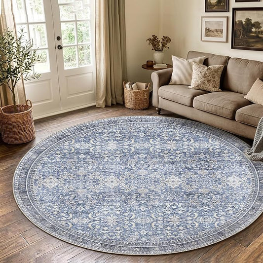Sasttie Round Rugs 8ft, Ultra-Soft Washable Circle Rug, Low Pile Foldable Thin Carpets with Non-Slip Backing, Skin-Friendly Stain Resistant Carpet for Living Room, Bedroom, Kitchen, Dorm, 8ft, Blue