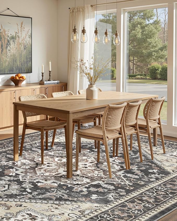 6x9 Vintage Area Rug: Washable Neutral Soft Non Slip Thin Large Floor Carpet for Living Room Bedroom Kitchen Dining Room Home Office Farmhouse Indoor - Black