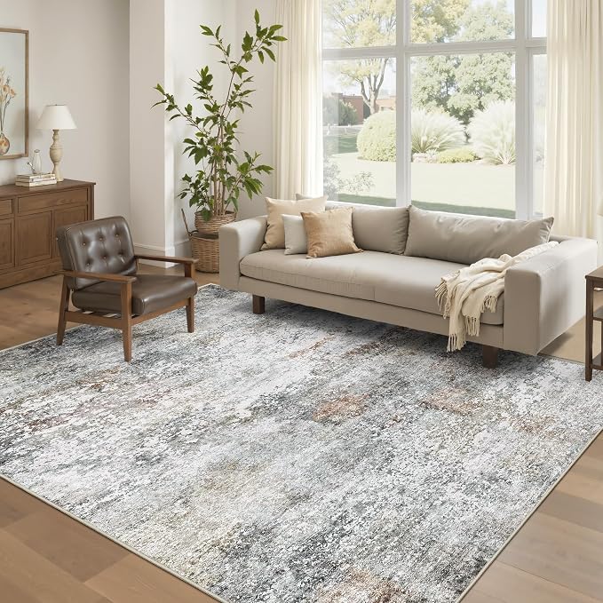 Art&Tuft Washable Rugs 5x7 - Stain Resistant Anti-Slip Backing Abstract 5x7 Area Rugs for Living Room, Foldable Machine Washable Area Rug(5'x7', Grey/Rust)