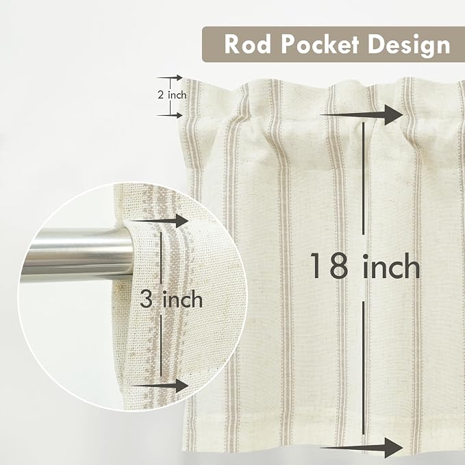 DriftAway Farmhouse Linen Lined Valance 2 Layer Thermal Insulated Room Darkening Blackout Window Valances Rod Pocket Vertical Striped Kitchen Valance for Bathroom Single 52 x 18 Inch Camel Beige