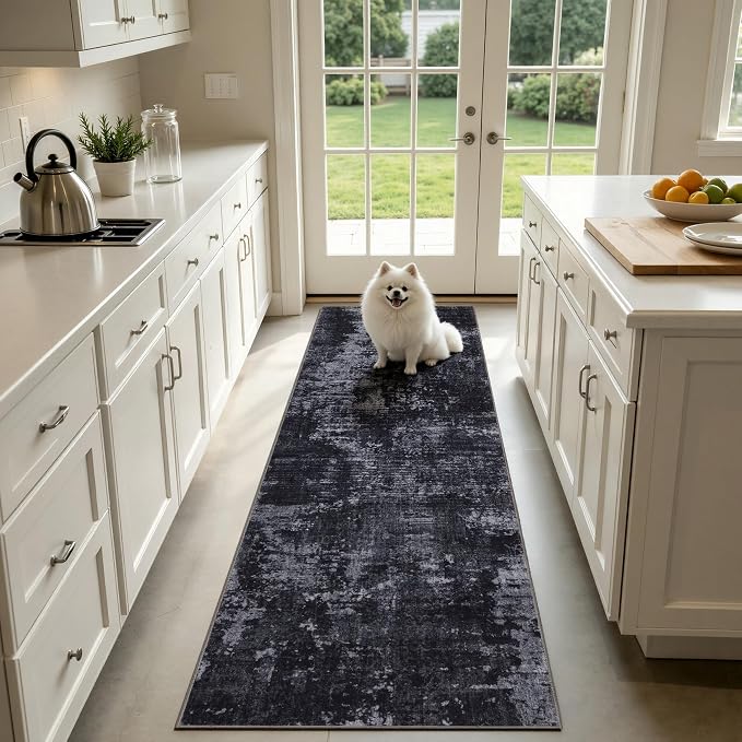 Sasttie 2x10 Soft Runner Rug for Entryway, Modern Abstract Washable Carpet for Hallway, Kitchen and Laundry Room, with Non-Slip Backing, Black and Grey