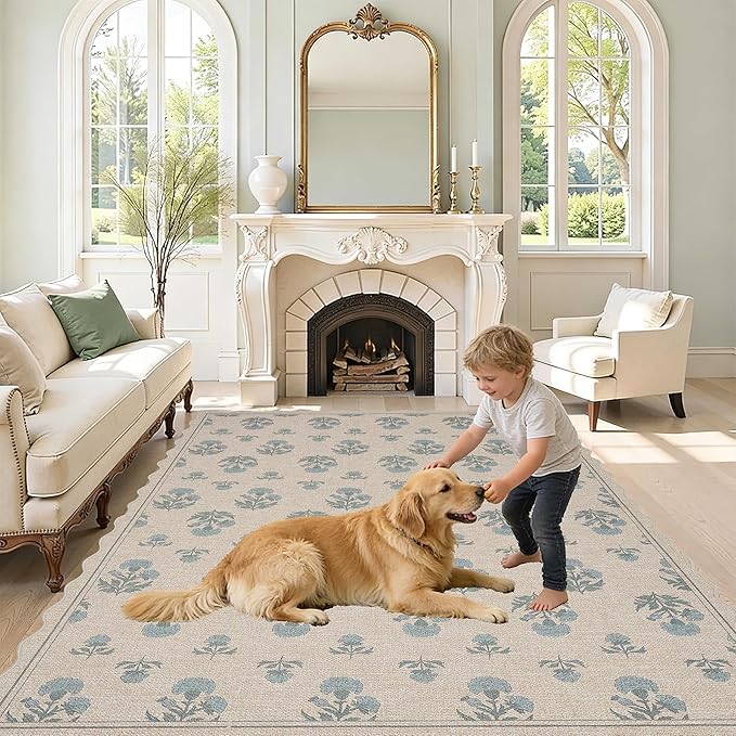 ORTIGIA Scalloped Easy Jute 5x7 Area Rug Vintage Blue Floral Farmhouse Washable Non-Slip Indoor Outdoor Carpet for Living Room Bedroom Patio Entryway