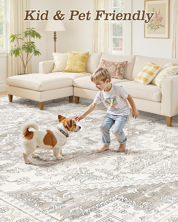 8ft Round Area Rug: Washable Vintage Neutral Soft Non Slip Thin Large Floor Carpet for Living Room Bedroom Kitchen Dining Room Home Office Farmhouse Indoor - Brown