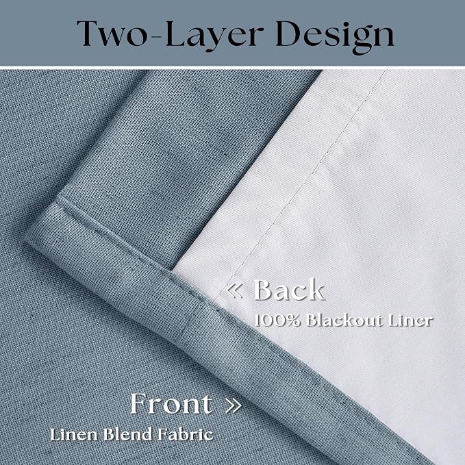 Dusty Blue Pinch Pleated 100% Blackout Linen Curtains for Bedroom 84 Inch Length Room Darkening with Liner Light Blue Window Curtains 84 Inches Long for Living Room Black Out Pleat Drapes Back Tab
