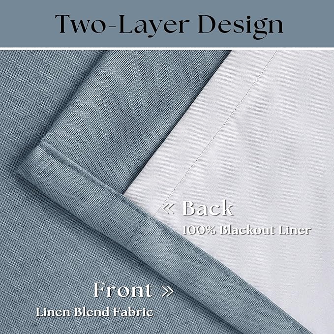 Dusty Blue Linen Blackout Curtains 45 Inch Length 2 Panels Pinch Pleated Back Tab Short Curtains for Kitchen with 100% Blackout Liner Neutral Farmhouse Drapes for Basement Thermal Insulated Drape
