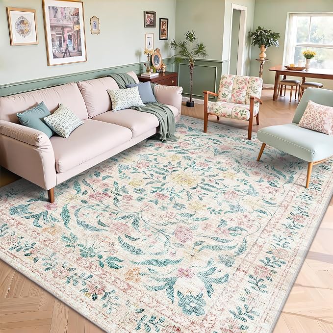 5x7 Area Rugs, Vintage Rugs for Bedroom, Indoor Non-Slip Washable Rug for Living Room, Dining Room, Low Pile Home Decor Floral Rug(Pink Bloom)