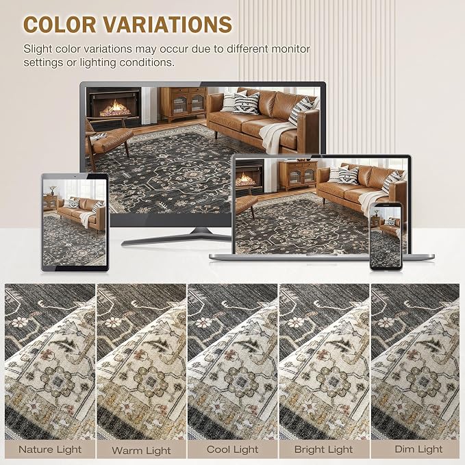 Area Rug for Living Room - 8x10 Soft Washable Oriental Vintage Floral Distressed Large Carpet - Fade Stain Resistant Non Slip Rugs for Bedroom Dining Room Nursery Dorm Office Home Decor - Black