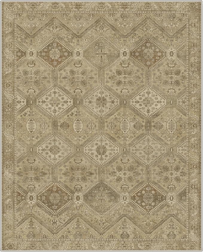 GENIMO 5x7 Area Rugs for Living Room, Machine Washable Non Slip Vintage Rugs, Low Pile Lightweight Print Rug for Bedroom, Dining Room, Home Office, Tan Brown