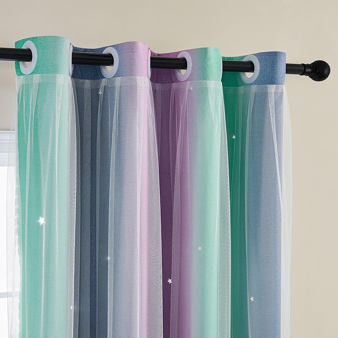 XiDi Curtains for Bedroom Decor, Rainbow Purplgreen grey34/45