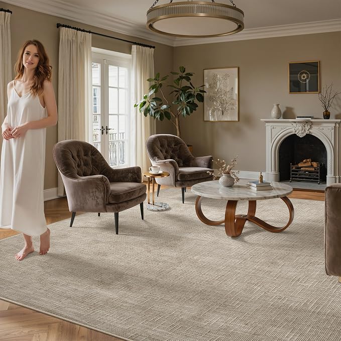 Valenrug 5x7 Area Rug - Stain Resistant 5x7 Rugs for Living Room, Non Slip High-Low Pile Textured Area Rugs for Bedroom, Folable Machine Washable Area Rug (5'x7', Beige)