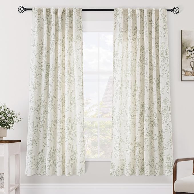 Green Floral Short Curtains 63 inches Long Back Tab Farmhouser Living Room Light Filtering Curtains Green Pattern Print on Cream White Linen Curtain Minimalist Sketch Style Vintage Room Decor