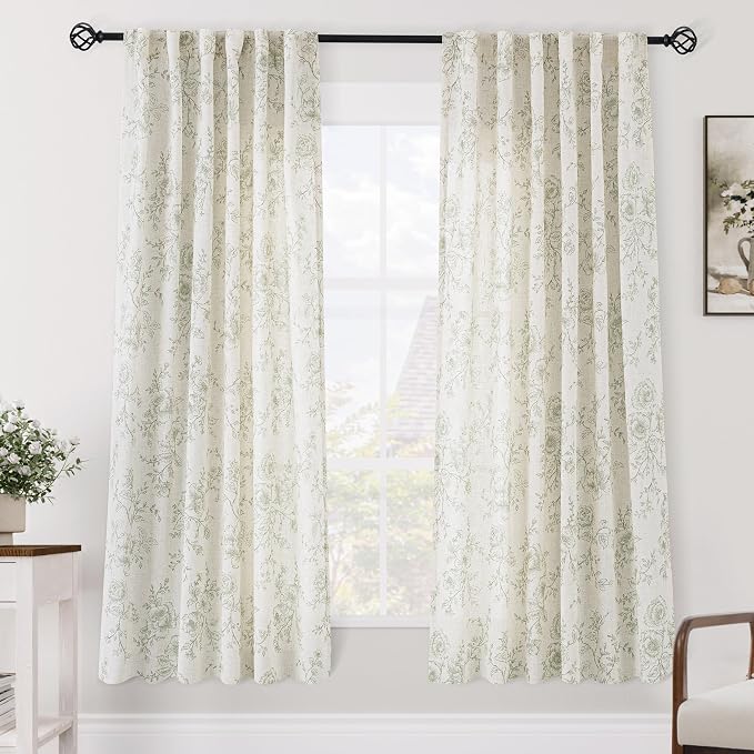 Green Floral Curtains 72 inches Long Back Tab Farmhouser Living Room Light Filtering Curtains Green Pattern Print on Cream White Linen Curtain Minimalist Sketch Style Vintage Room Decor 52x72