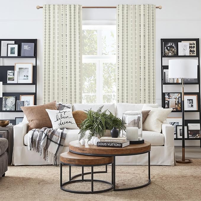 Cream Boho Curtains 63 Inch Length 2 Panels Set, Geometric Pattern Curtains for Bedroom Living Room