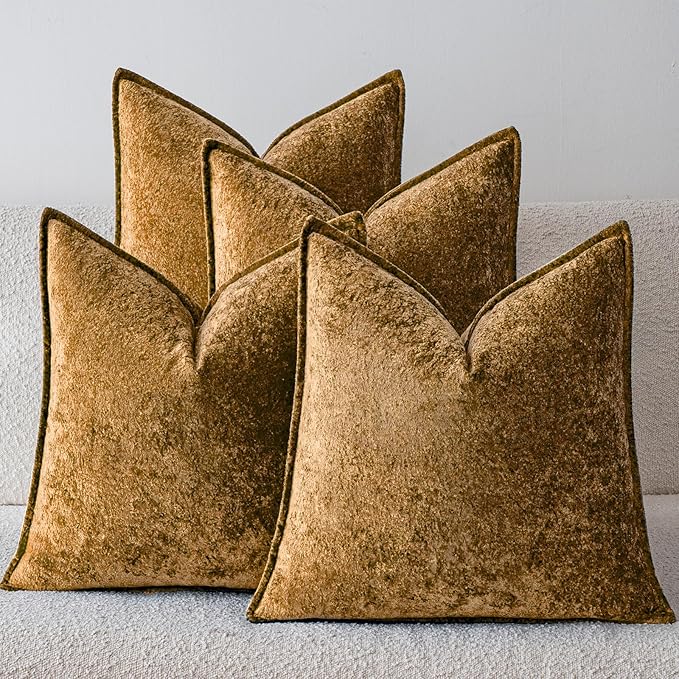 a moment Throw Pillow Covers 16X16 Inch 4 Packs,Soft Velvet Decorative Pillow Cases with 3D Ice Flower,Texture Modern Accent Cushion Covers for Sofa Couch Home Decor Golden Brown