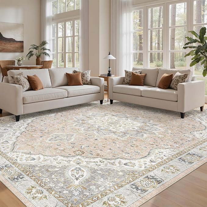 befbee Washable Rug 8x10 Area Rugs for Living Room - Stain Resistant Non-Slip Backing Rugs for Bedroom - Vintage Large Area Rug (Peach/Gray, 8'x10')