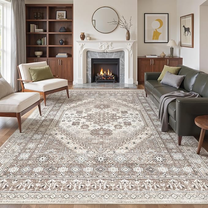 befbee 9x12 Area Rug,Ultra-Thin Washable Rugs for Living Room,Non-Slip Lightweight Foldable Area Rug,Stain Resistant Vintage Large Rugs (Brown/Beige,9'x12')