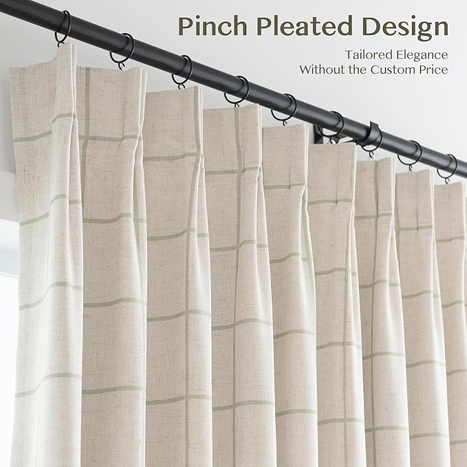 THREE GIRLS Pinch Pleated Plaid Curtains Blackout Linen Gingham Green Curtains for Living Room,Bedroom Checkered 90 Inches Long Double Layer 2 Panels Set Luxury and Modern Printed Design Darkening