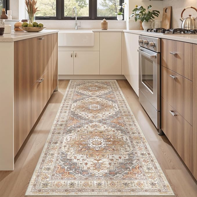 befbee 2.6'x8'Non Slip Runner Rugs - Runners for hallways, Kitchen,Entryway,Stain Resistant Washable Rugs for Bedroom, Indoor Vintage Area Rugs (Turmeric/Grey,2.6'x8')