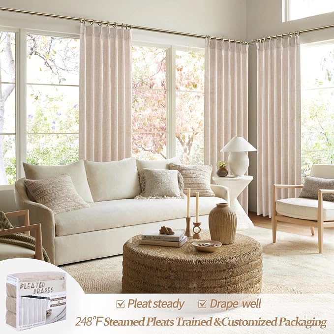 PleatedDrapes Drop Cloth Farm House Tall Curtains for High Living Room, Pinch Pleated Semi Sheer Curtains 120 Inches Long/10 Foot 2 Panels Set with Hook Linen Look Ruffle Light Filtering W40 xL120