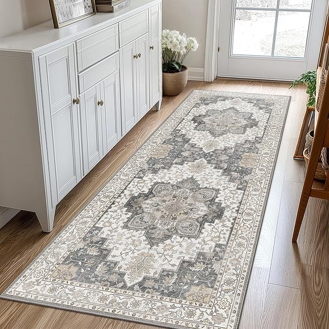 GENIMO 2'6"x6 Runner Rugs for Hallway, Machine Washable Non Slip Vintage Rugs, Low Pile Lightweight Soft Print Rug for enrtyway, Corridor, Home Office, Kitchen, Heathered Grey