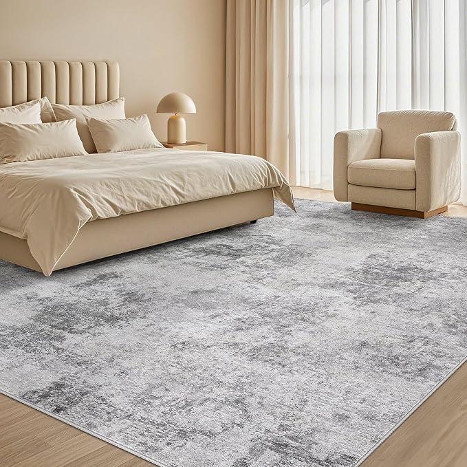 Tortania Washable 6x9 Area Rug for Living Room: Modern Abstract Neutral Large Soft Thin Rugs - Non Slip Indoor Carpet for Bedroom Dining Room Office Nursery Home Floor Decoration - Smoky Gray