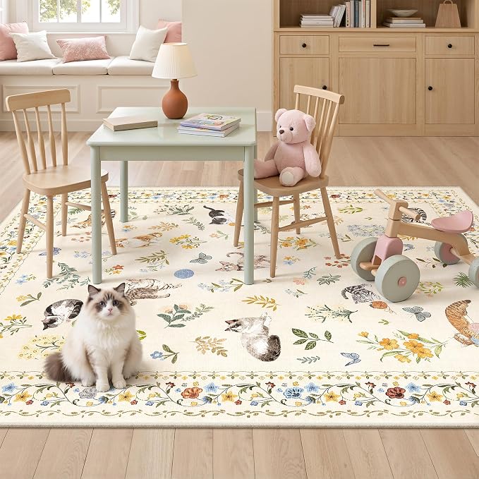 Soalmost Cat 3x5 Area Rugs for Entryway, Machine Washable Animal Floral Accent Rug Non-Slip Low Pile Soft Throw Rugs for Kitchen Bedside Living Room Bedroom Kids Room (3 x 5,Beige)