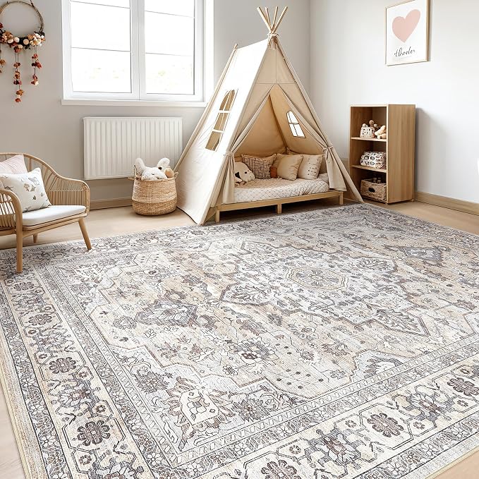 7x10 Area Rug Living Room: Washable Boho Large Neutral Vintage Soft Rugs Stain Resistant Farmhouse Non Slip Indoor Floor Carpet for Bedroom Nursery Kids Playroom Office Dining Room- Ivory Gray