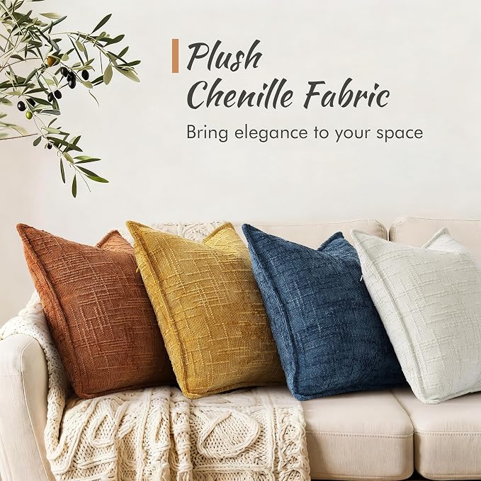 decorUhome Chenille Throw Pillow Covers 24x24 Set of 2, Soft Textured Slubby Modern Decorative Pillow Covers with Elegant Design for Couch, Sofa, Living Room, Navy Blue
