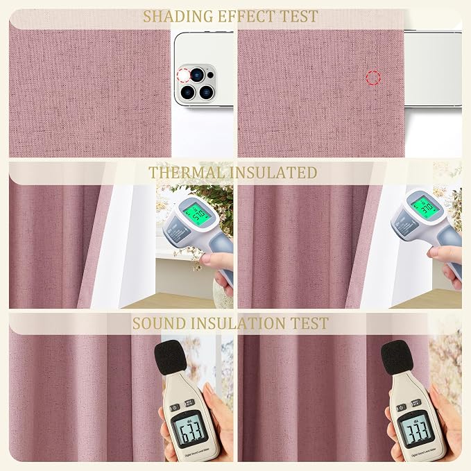 Jowels Blush Pink Linen Blackout Curtains 80 Length 2 Panels Set for Living Room Bedroom, 100% Black Out Thermal Insulated Linen Drapes, Room Darkening Grommet Curtains 80 Inches Long