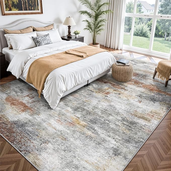 8x10 Area Rugs, Abstract Morden Soft Washable Rug, Non-Slip Low Pile Rugs for Living Room, Bedroom, Dining Room, Home, Office(Grey & Brown)