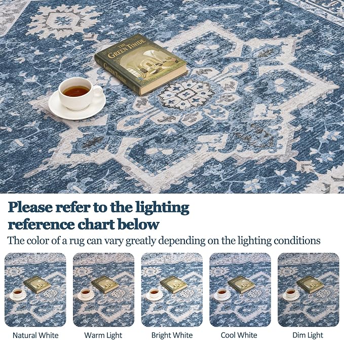 9x12 Area Rugs for Living Room:Blue Washable Vintage Medallion Boho Rug Non-Slip No Slip Stain Resistant Soft Low Pile Large Rugs Indoor Retro Carpet for Bedroom Nursery Dining Office (Blue 9'x12')