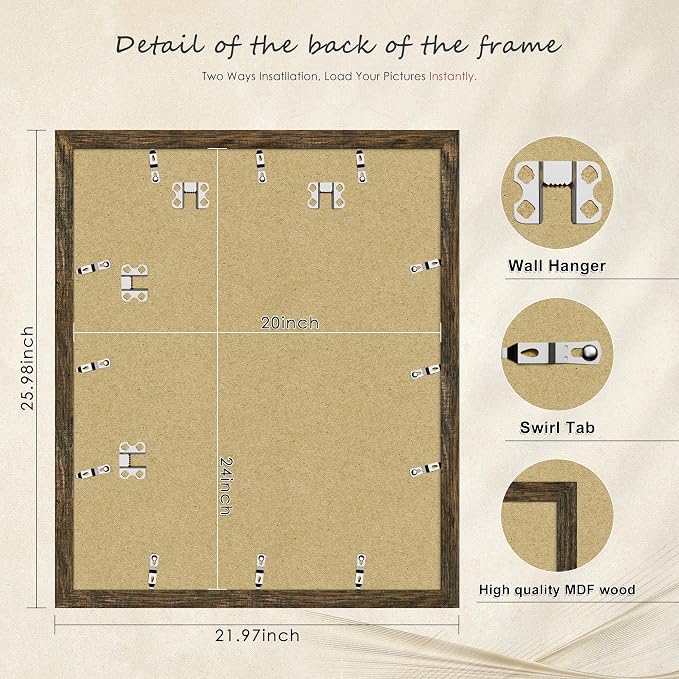 Picrit 20x24 Picture Frame 3 Pack, Wooden Brown Rustic Poster Frame, Display Poster 16 x 20 with Mat or 20 x 24 without Mat for Horizontal or Vertical Wall Mounting
