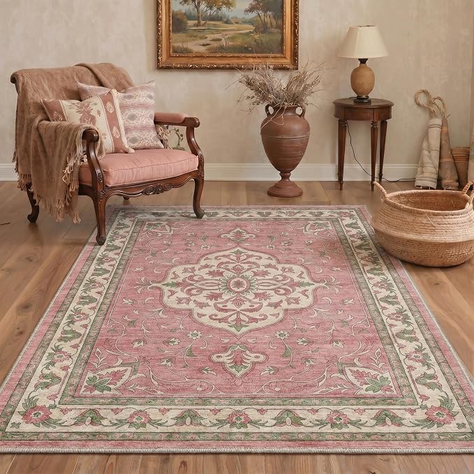 GENIMO 5x7 Floral Medallion Area Rug Machine Washable Non Slip Low Pile, Lightweight Print Pattern Rugs for Living Room Bedroom Dining Room, Dusty Pink