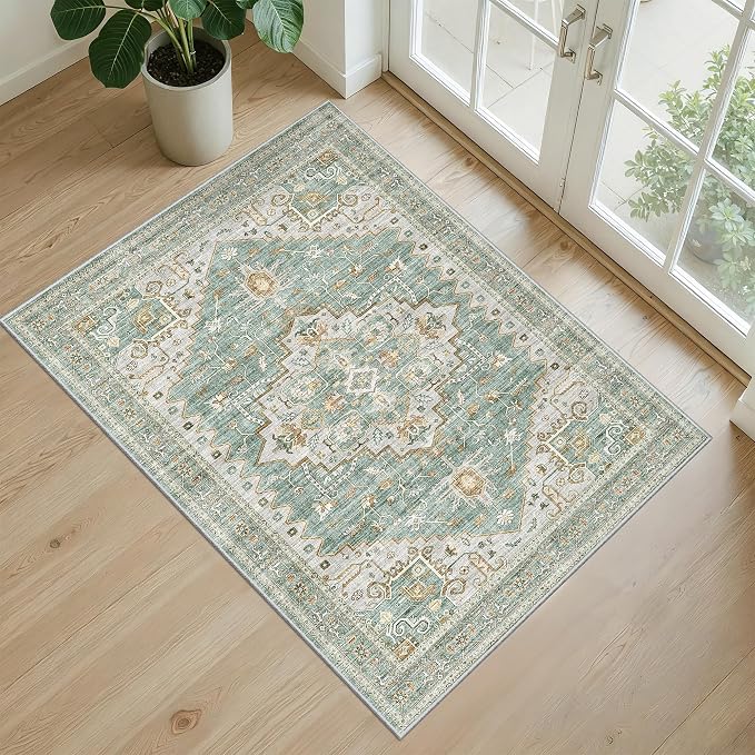Floral Rugs for Entryway, 2X3 Washable Kitchen Rugs Non Slip Indoor Door Mat Stain Resistant Small Low-Pile Throw Carpet for Bathroom Bedroom(2x3,Green)