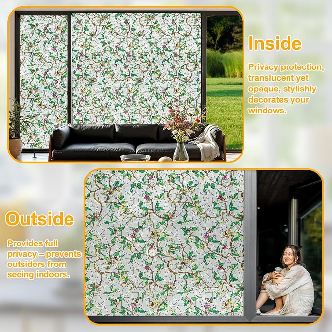 Window Privacy Film Stain Glass Window Film Rainbow Window Film Window clings Non-Adhesive Reusable Decorative for Room (Frosted Vine, 17.5 X 78.7 in)
