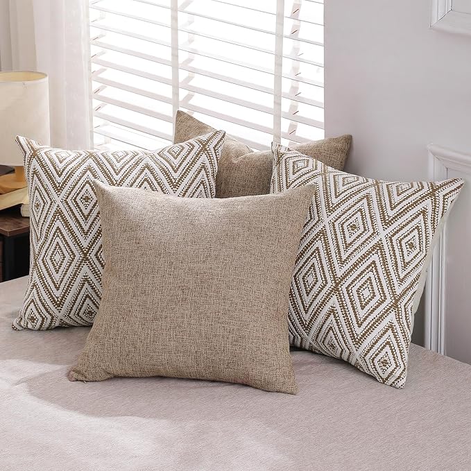 HPUK Throw Pillow Covers 20x20 Inch Set of 4, Linen Decorative Pillow Covers, Accent Cushion Covers for Couch Sofa Bed Bedroom Living Room Décor, Light Brown