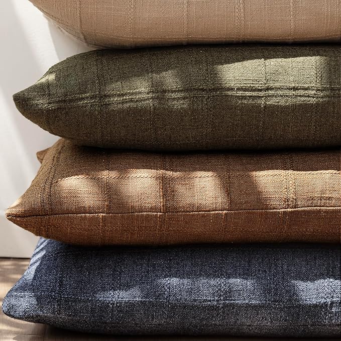 Foindtower Set of 2 Decorative Linen Check Throw Pillow Covers Neutral Farmhouse Lumbar Cushion Covers Modern Boho Home Decor for Sofa Chair Couch Bedroom Living Room,12×20 Inch,Navy Blue