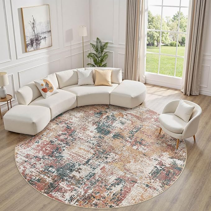 Tortania Washable 6' Round Area Rug for Living Room: Modern Abstract Neutral Large So' Thin Rugs - Non Slip Indoor Carpet for Bedroom Dining Room Office Nursery Home Floor Decoration - Colorful Multi