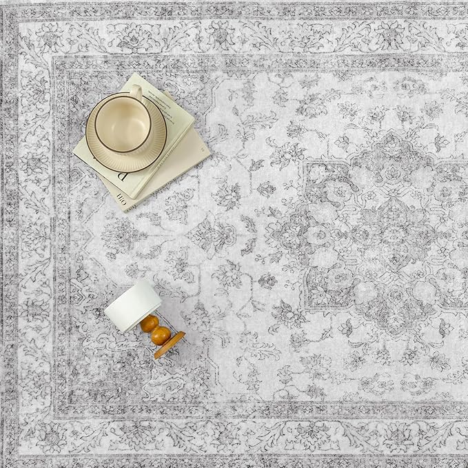 PureCozy Gray Area Rug 5x8 Washable Living Room Carpet Vintage Non Slip Soft Bedroom Indoor Office Retro Grey Low Pile Thin Oriental Medallion Large Rug for Dining Room Bathroom Kitchen