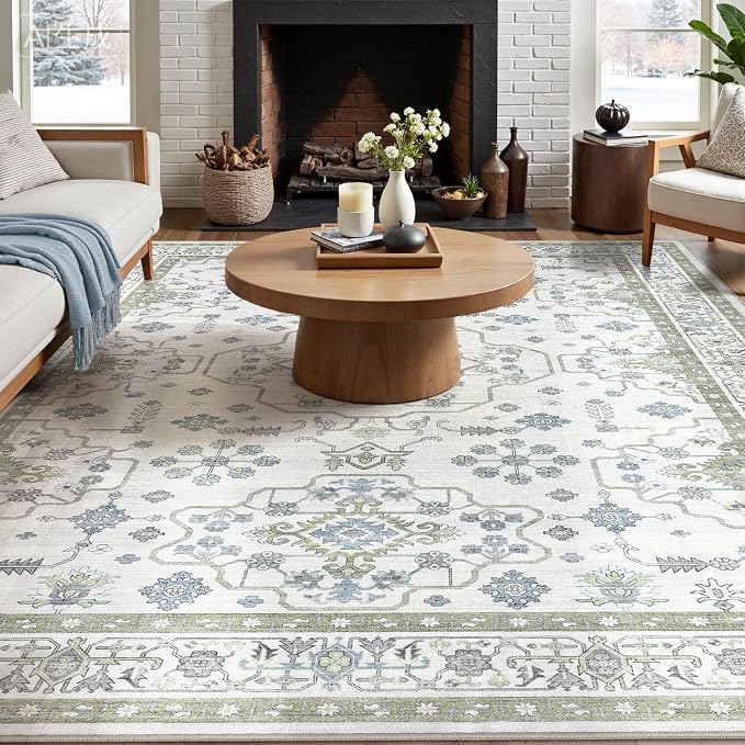 Area Rug 10x14 for Living Room - Washable Oriental Vintage Floral Distressed Large Indoor Carpets with Non Slip Back for Bedroom Dining Room Nursery Office Home Decor -Light Green