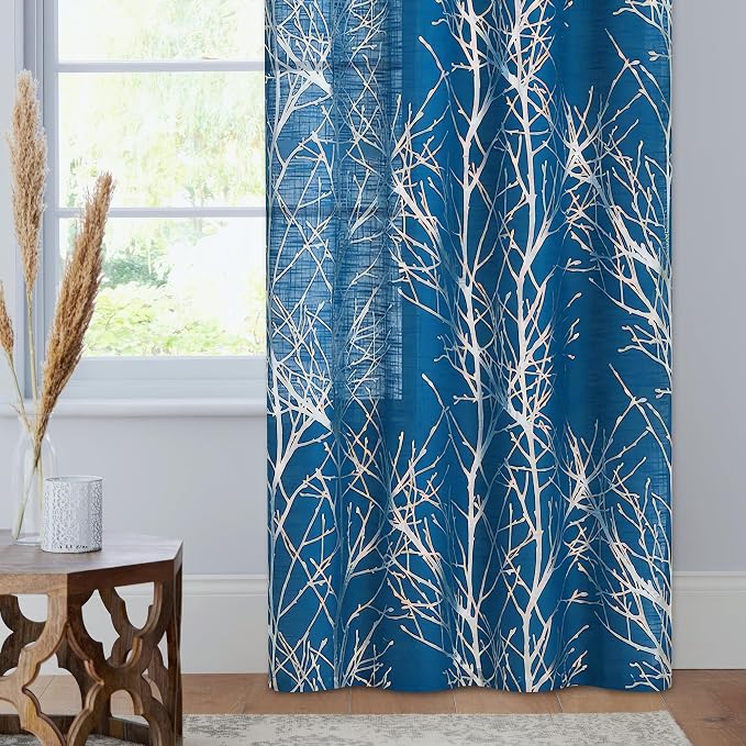 FMFUNCTEX Linen Semi Sheer Curtains for Bedroom & Living Room, Silver Metallic Print Navy Blue Tree Panel, Light Filtering, 63 Inches Long, 2 Panels