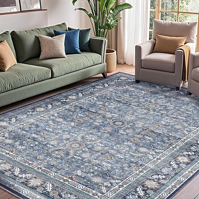 OPPODREAM Vintage Blue Area Rugs 6x9, 6 x 9 Retro Washable Rug Non Slip, Low-Pile Faux Wool Carpet, Distressed Navy Floor Mat for Living Room, Bedroom, Kitchen, Office, Dorm, Dinning Room