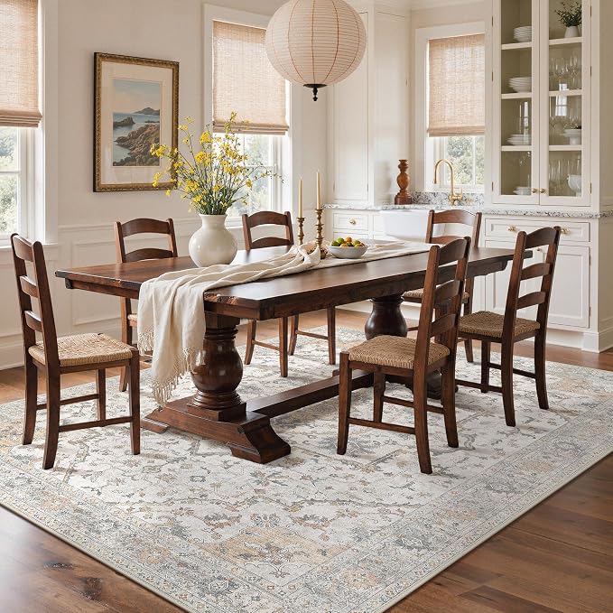 GENIMO 9x12 Area Rugs for Living Room, Machine Washable Non Slip Vintage Rugs, Low Pile Lightweight Print Rug for Bedroom, Dining Room, Home Office,Gray Brown
