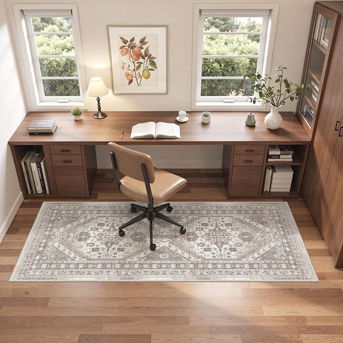 befbee Washable Runner Rug 2x6 Hallway Runner Rug Ultra-Thin Kitchen Rug Non Slip Indoor Floor Foldable Carpet with Low Pile for Entryway Bathroom Laundry Room Living Room(Brown/Beige,2'x6')