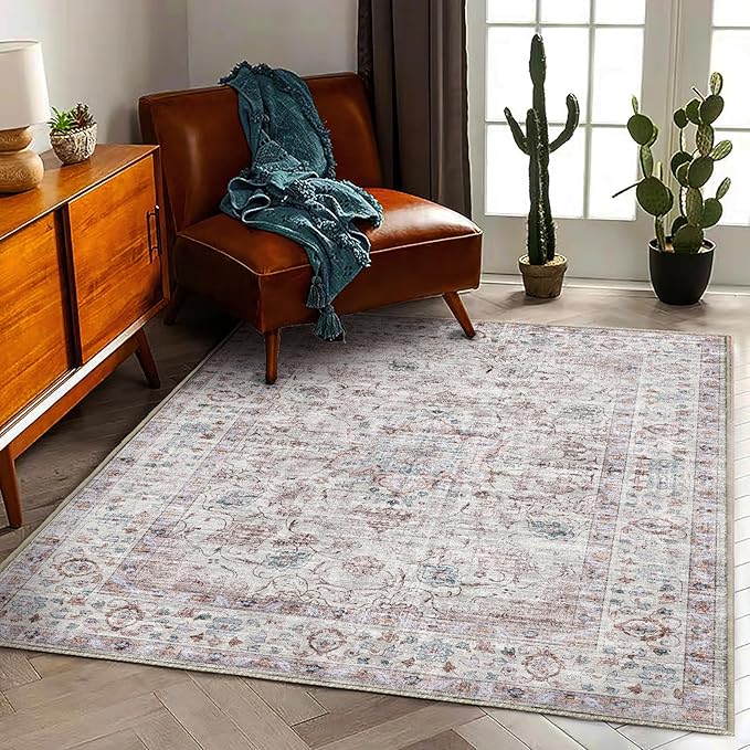 CHAMPLANT Washable Area Rug 4'x6' Traditional Floor Cover Foldable Thin Rugs Retro Kitchen Indoor Distressed Non Slip Carpet Floral Print Mat Bedroom Living Room