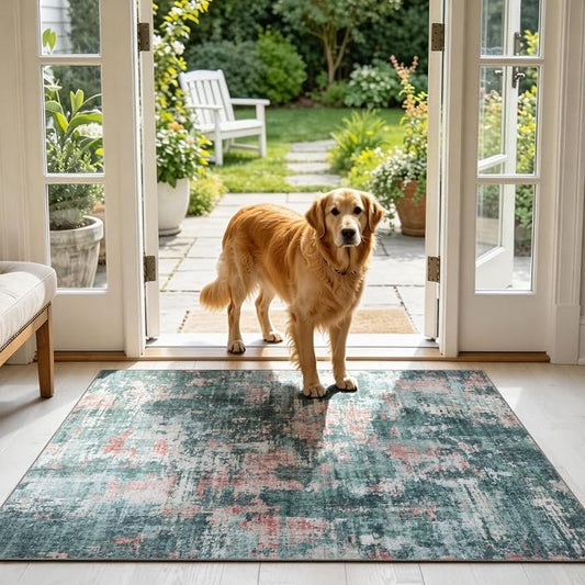 Sasttie 3x5 Area Rug for Entryway, Washable Modern Abstract Small Carpet for Living Room Bedroom Door-mat, Soft Entry Rug with Non-Slip Backing, Pink and Green