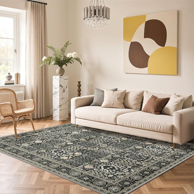 Bavni Area Rugs for Living Room, 5X7 Washable Rug Non-Slip Washable，Ultra-Thin Aesthetic Boho Rug for Bedroom Dinning Room Office,Black