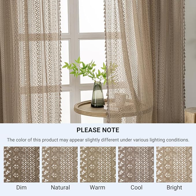WAZZIO Boho Lace Curtains 72 Inches 2 Panel,Light Filtering Privacy Tassel & Geometry Crochet Semi Sheer Curtain Drapes for Bedroom Living Dining Room,Rod Pocket & Tassel,Earthy Color Taupe
