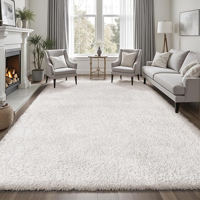 Area Rug for Living Room Bedroom: 9x12 White Soft Fluffy Shag Upgrade Non-Slip High Pile Carpet Large Fuzzy Plush Indoor Floor Decor Shaggy Rug for Kid Boys Girls Dorms Playroom Nursery Modern Home